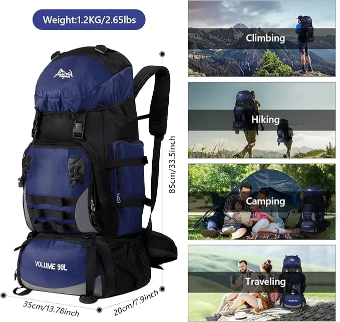 90L Large Camping Hiking Backpack with Rain Cover, Waterproof Molle Rucksack Military Backpack (Dark Blue)