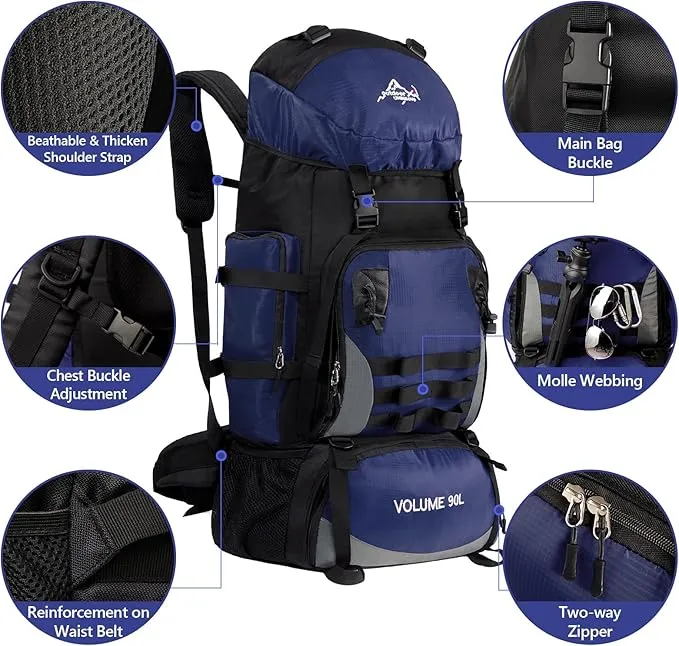 90L Large Camping Hiking Backpack with Rain Cover, Waterproof Molle Rucksack Military Backpack (Dark Blue)