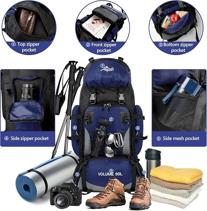 90L Large Camping Hiking Backpack with Rain Cover, Waterproof Molle Rucksack Military Backpack (Dark Blue)