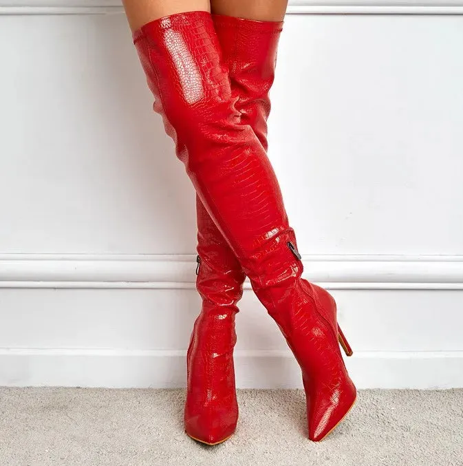 Amozae-Stretch High Heel Knee High Boots 2023 Fall Winter New Fashions Red Long Boots Leather Folds Tall Women's Boots Sexy Thigh Boots
