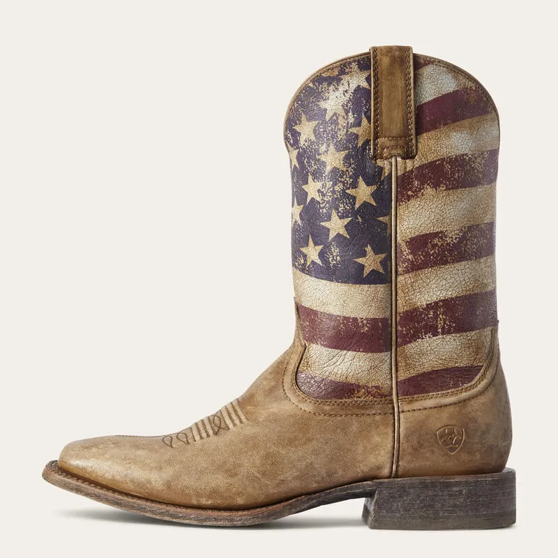Ariat Men's Distressed Brown Circuit Proud Broad Square Toe Western Boots Distressed USA Flag Tops