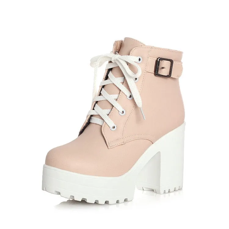 Autumn Winter Martin Boots Boots Women Round Toe Buckle Shoes Women High Heel Fashion Plus Size Square Heels Lacing 3 Colors
