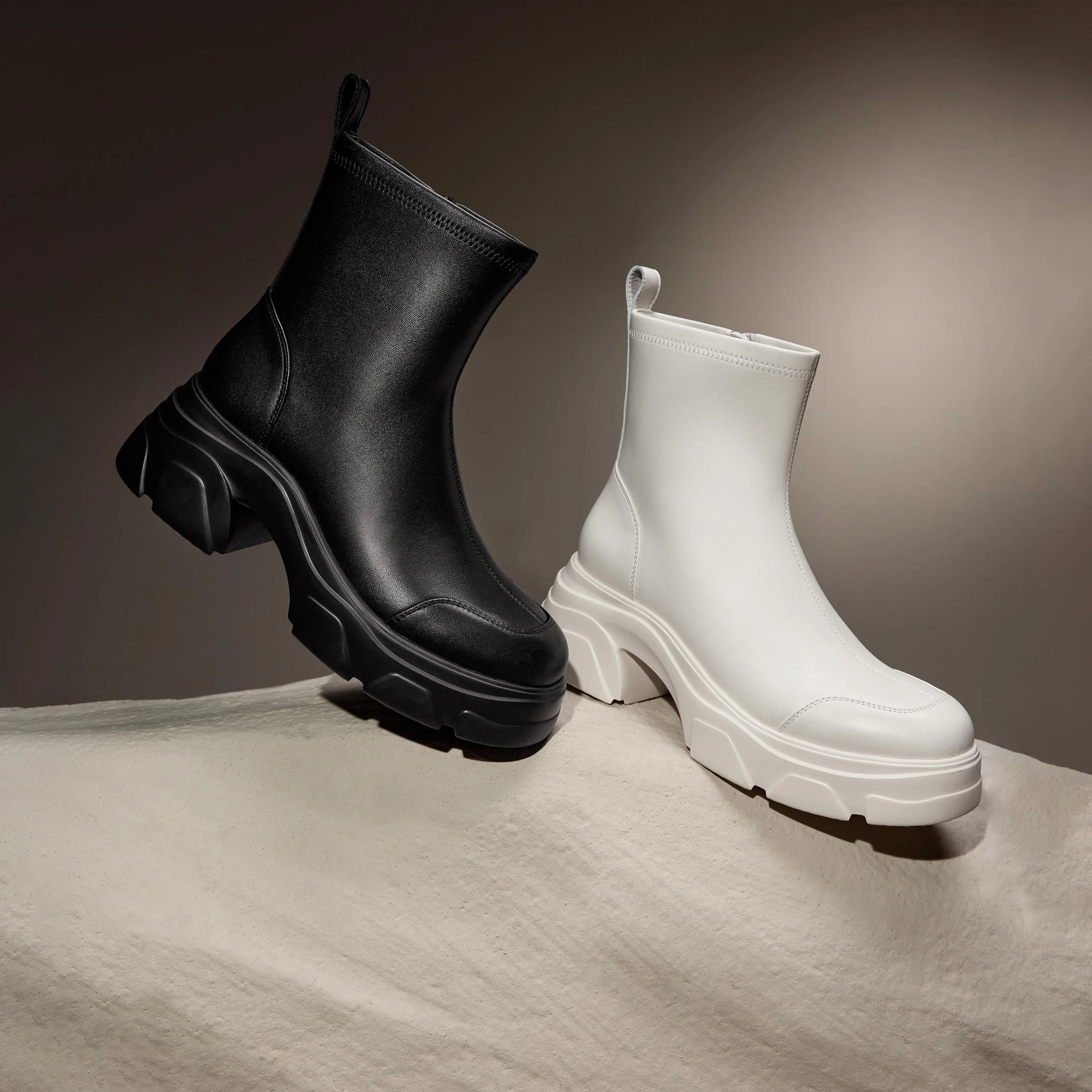 Beige Sheep Leather Platform Ankle Sock Boots