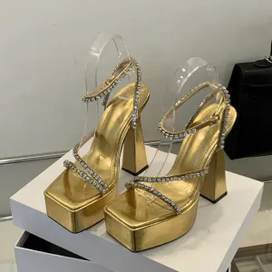 binfenxie Street Style Summer Open Toe Women Sandals Platform Ultra Square Heel Nightclub Buckle Strap Gold Silver Ladies Shoes