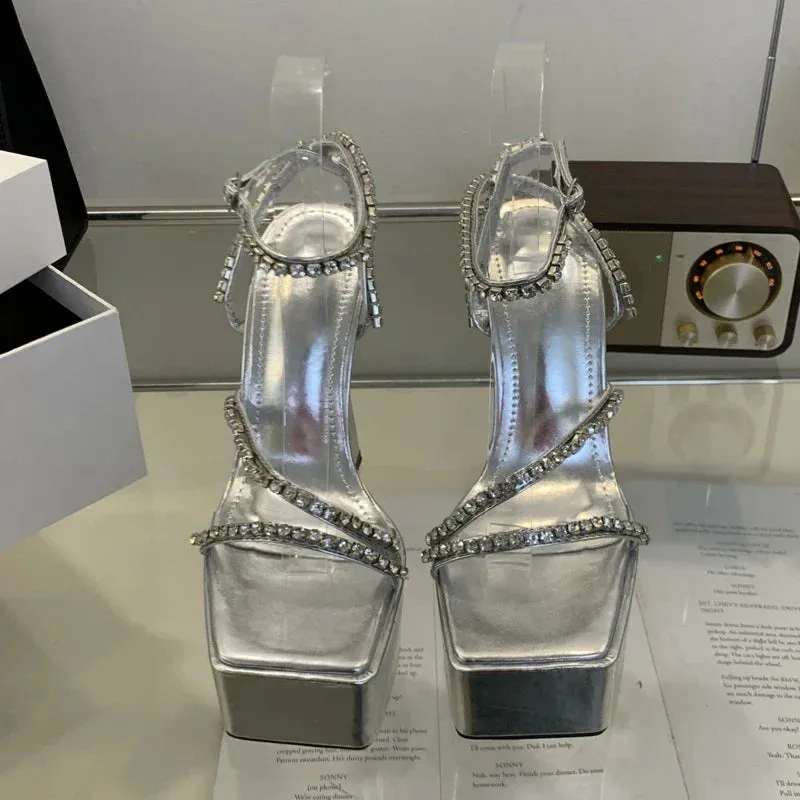 binfenxie Street Style Summer Open Toe Women Sandals Platform Ultra Square Heel Nightclub Buckle Strap Gold Silver Ladies Shoes