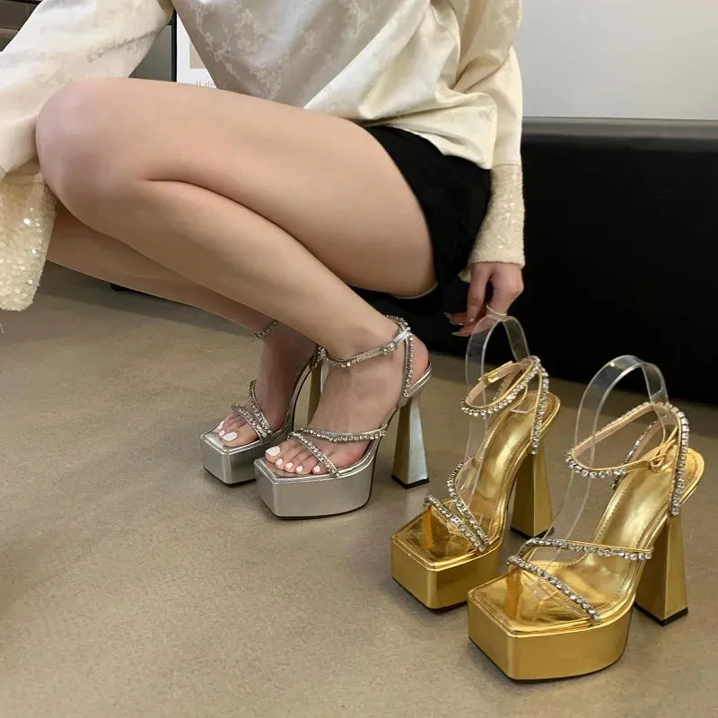 binfenxie Street Style Summer Open Toe Women Sandals Platform Ultra Square Heel Nightclub Buckle Strap Gold Silver Ladies Shoes