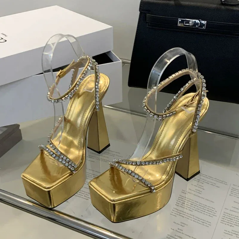 binfenxie Street Style Summer Open Toe Women Sandals Platform Ultra Square Heel Nightclub Buckle Strap Gold Silver Ladies Shoes