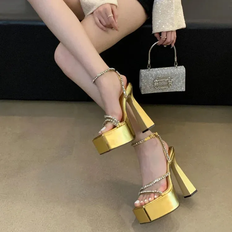 binfenxie Street Style Summer Open Toe Women Sandals Platform Ultra Square Heel Nightclub Buckle Strap Gold Silver Ladies Shoes