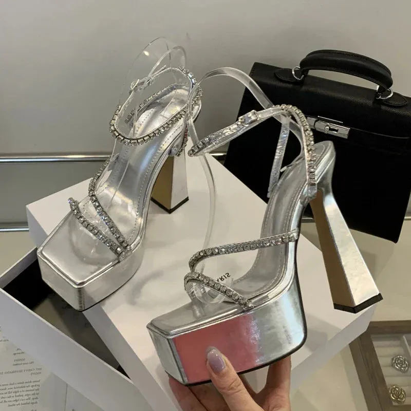 binfenxie Street Style Summer Open Toe Women Sandals Platform Ultra Square Heel Nightclub Buckle Strap Gold Silver Ladies Shoes