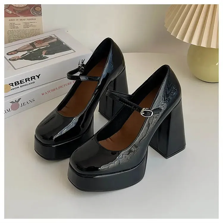 binfenxie Vintage High Heels Mary Jane Shoes Women 2024 Patent Leather Platform Pumps Woman Elegant Solid Office Heels Thick-Heeled Shoes