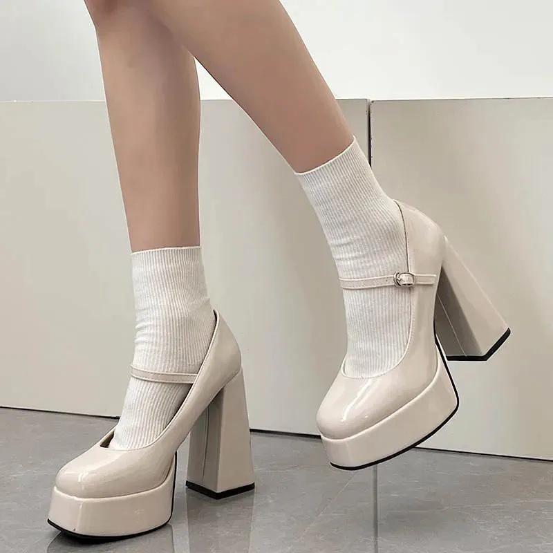 binfenxie Vintage High Heels Mary Jane Shoes Women 2024 Patent Leather Platform Pumps Woman Elegant Solid Office Heels Thick-Heeled Shoes
