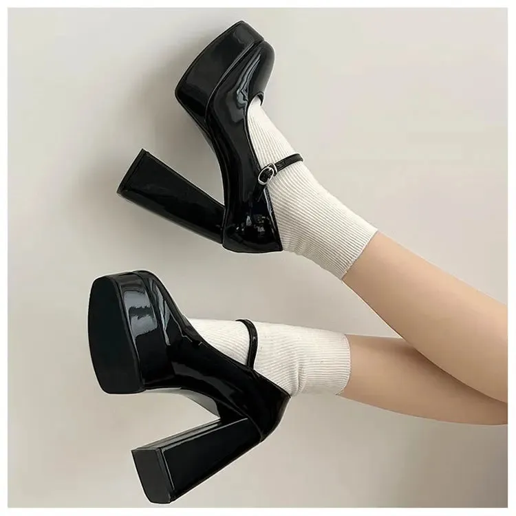 binfenxie Vintage High Heels Mary Jane Shoes Women 2024 Patent Leather Platform Pumps Woman Elegant Solid Office Heels Thick-Heeled Shoes