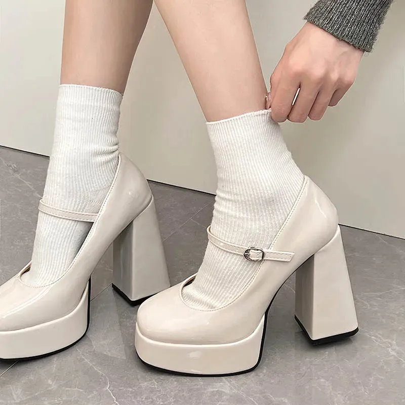 binfenxie Vintage High Heels Mary Jane Shoes Women 2024 Patent Leather Platform Pumps Woman Elegant Solid Office Heels Thick-Heeled Shoes
