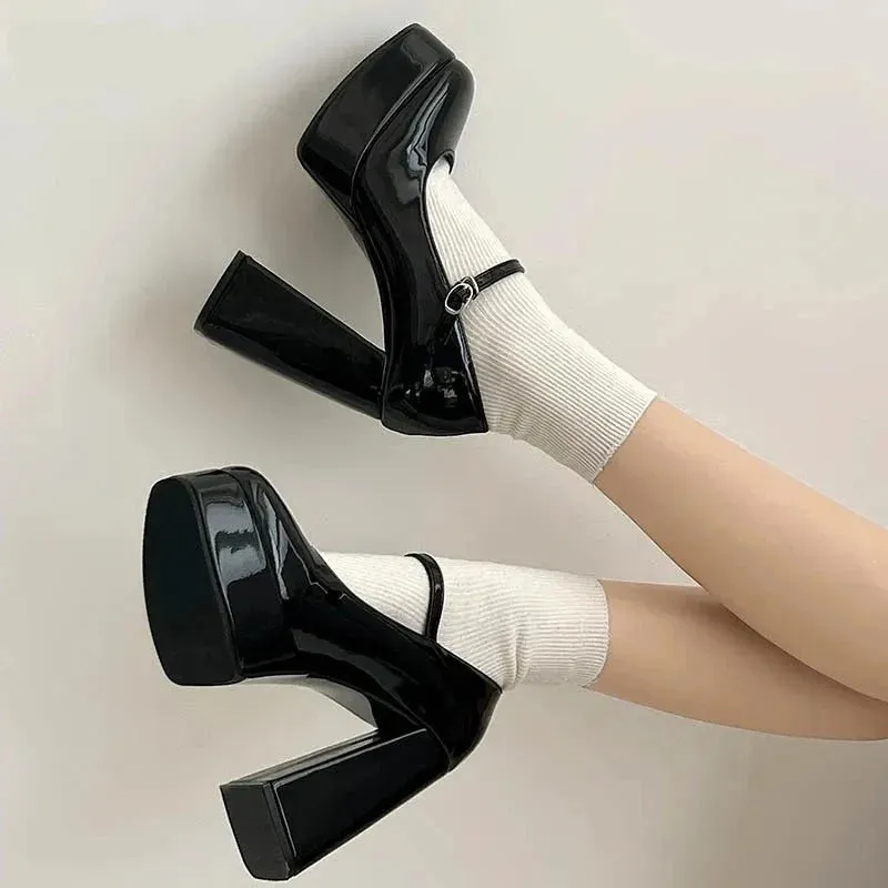 binfenxie Vintage High Heels Mary Jane Shoes Women 2024 Patent Leather Platform Pumps Woman Elegant Solid Office Heels Thick-Heeled Shoes