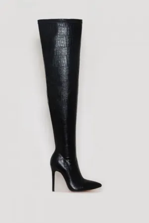 Black Croc Print Thigh High Stiletto Boots