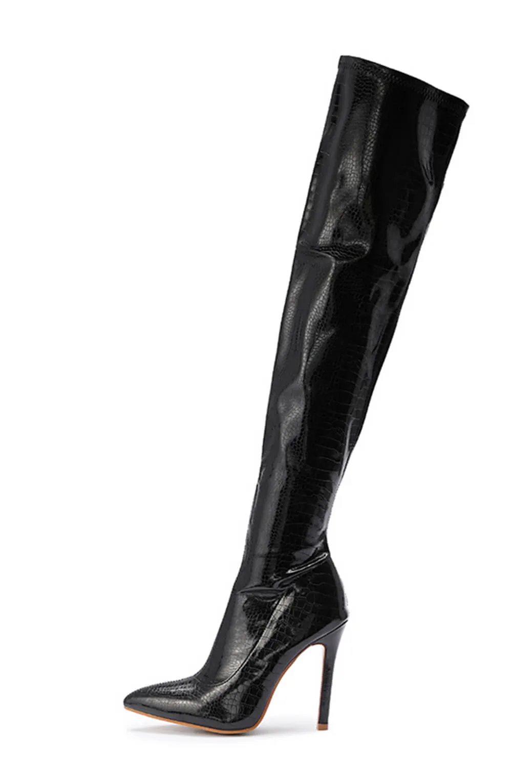 Black Croc Print Thigh High Stiletto Boots