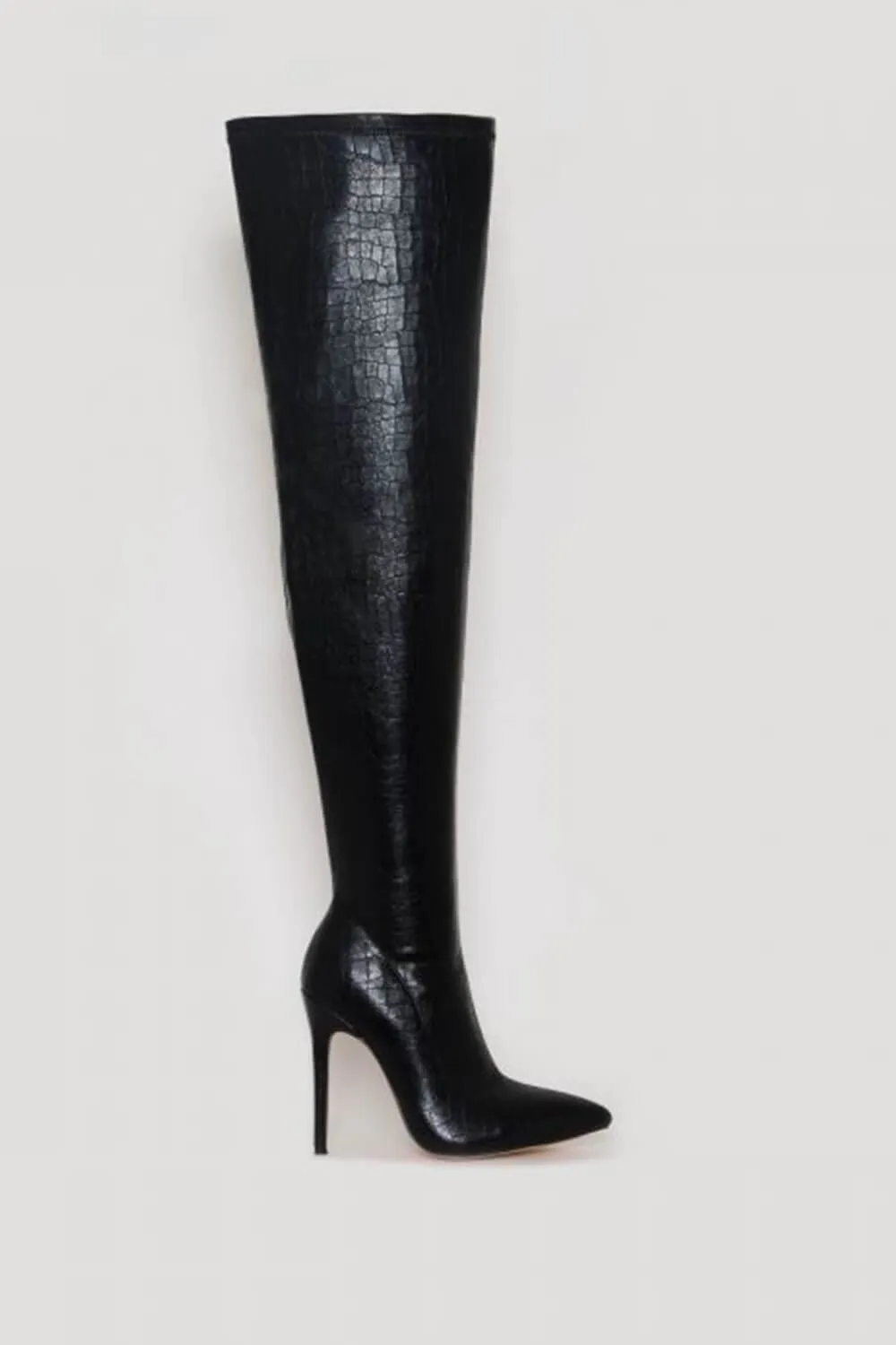 Black Croc Print Thigh High Stiletto Boots