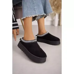 Black Embroided Fluffy Platform Slippers Aztec Detail Faux Fur Lined Ankle Boots