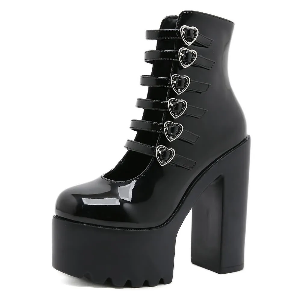 Black Gothic Punk Patent Leather Heart Buckles Platform Boots