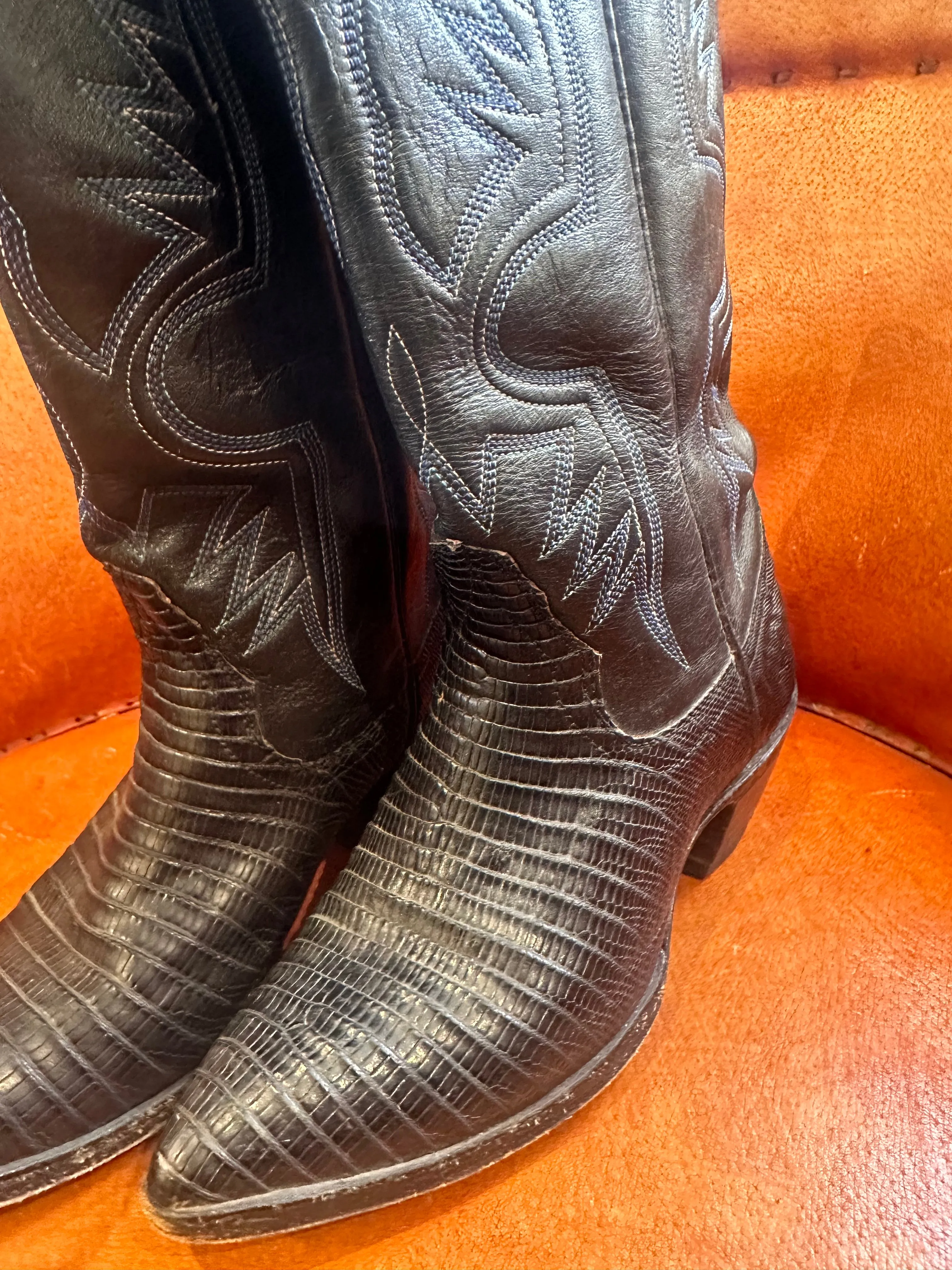 Black Reptile and Leather Boots with Blue/White Stitch - 6?