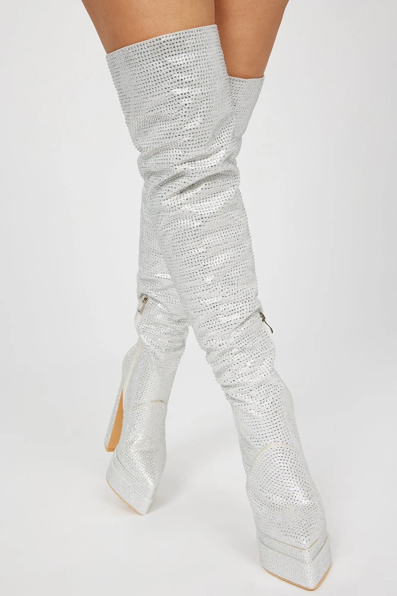Blair Rhinestone Over The Knee Boots - Silver