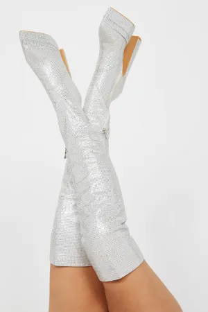 Blair Rhinestone Over The Knee Boots - Silver