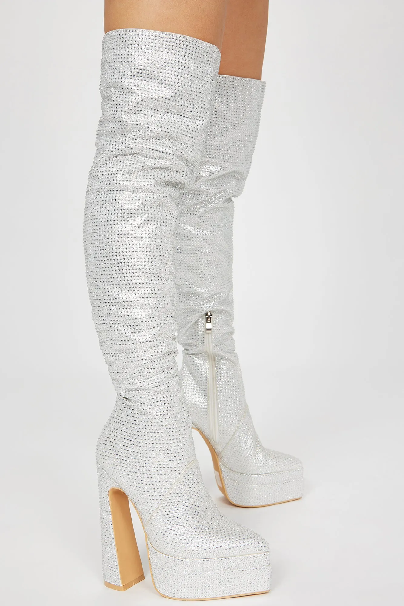 Blair Rhinestone Over The Knee Boots - Silver