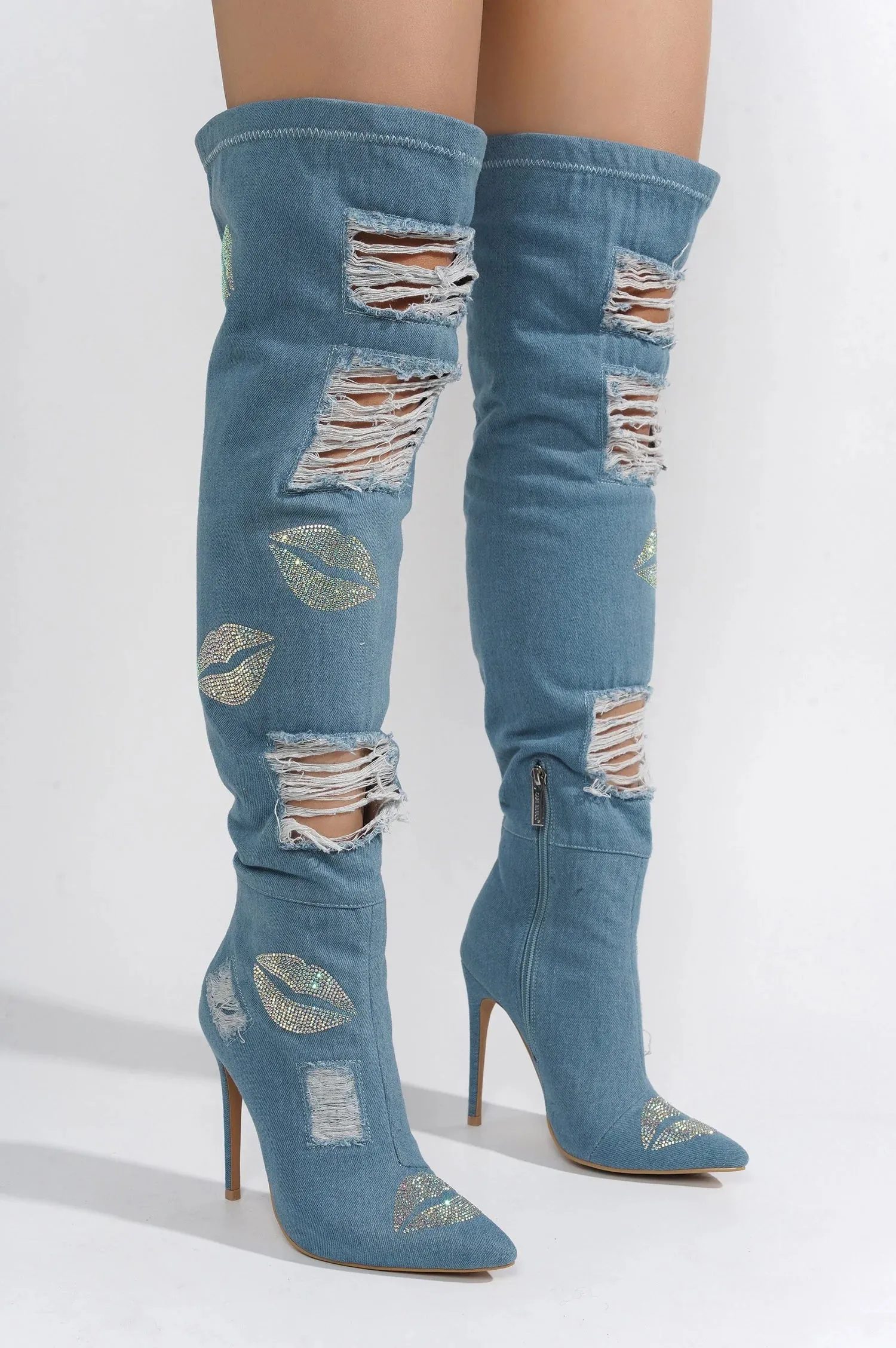 Blue Womens Hole Denim Stiletto Thigh High Boots