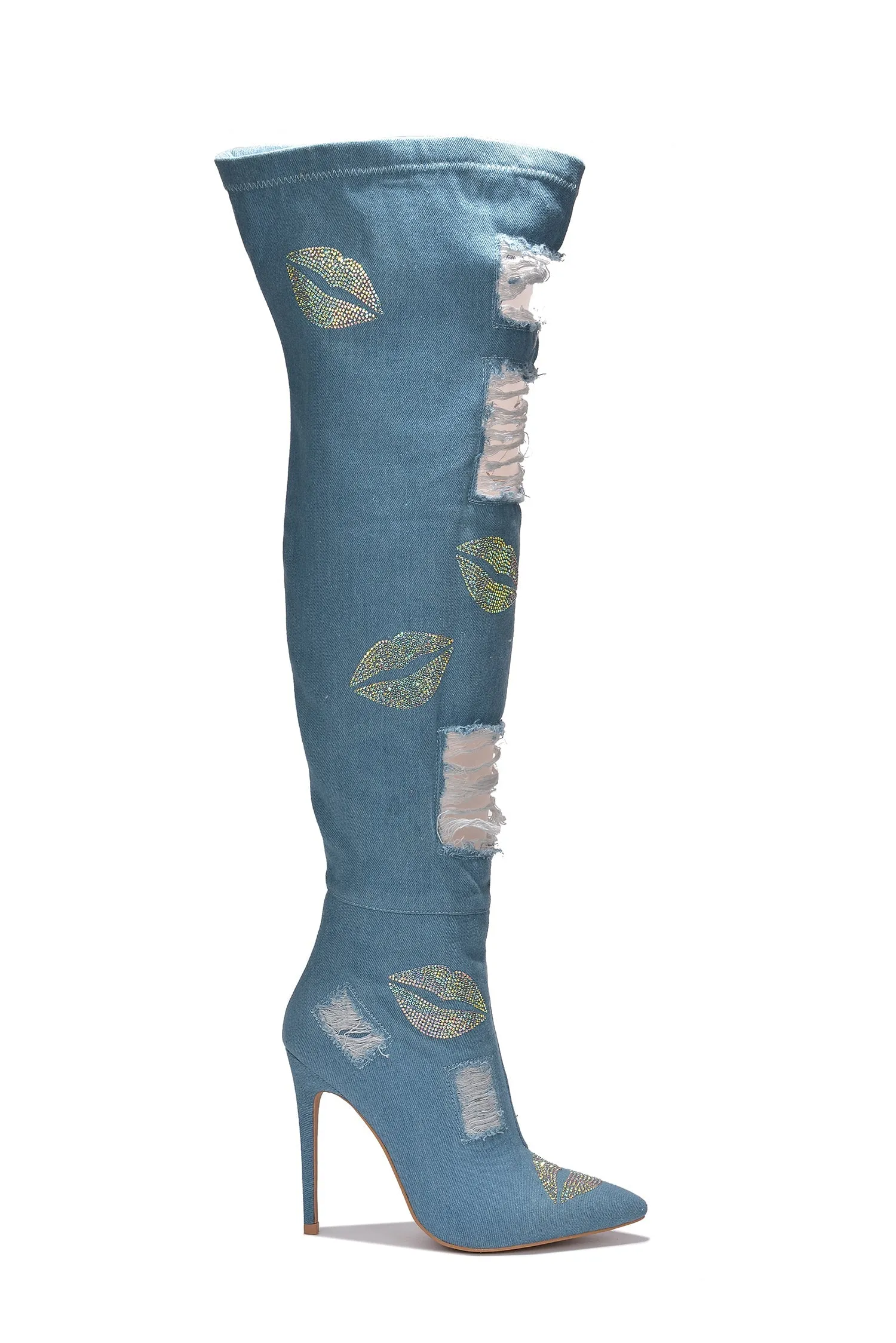 Blue Womens Hole Denim Stiletto Thigh High Boots