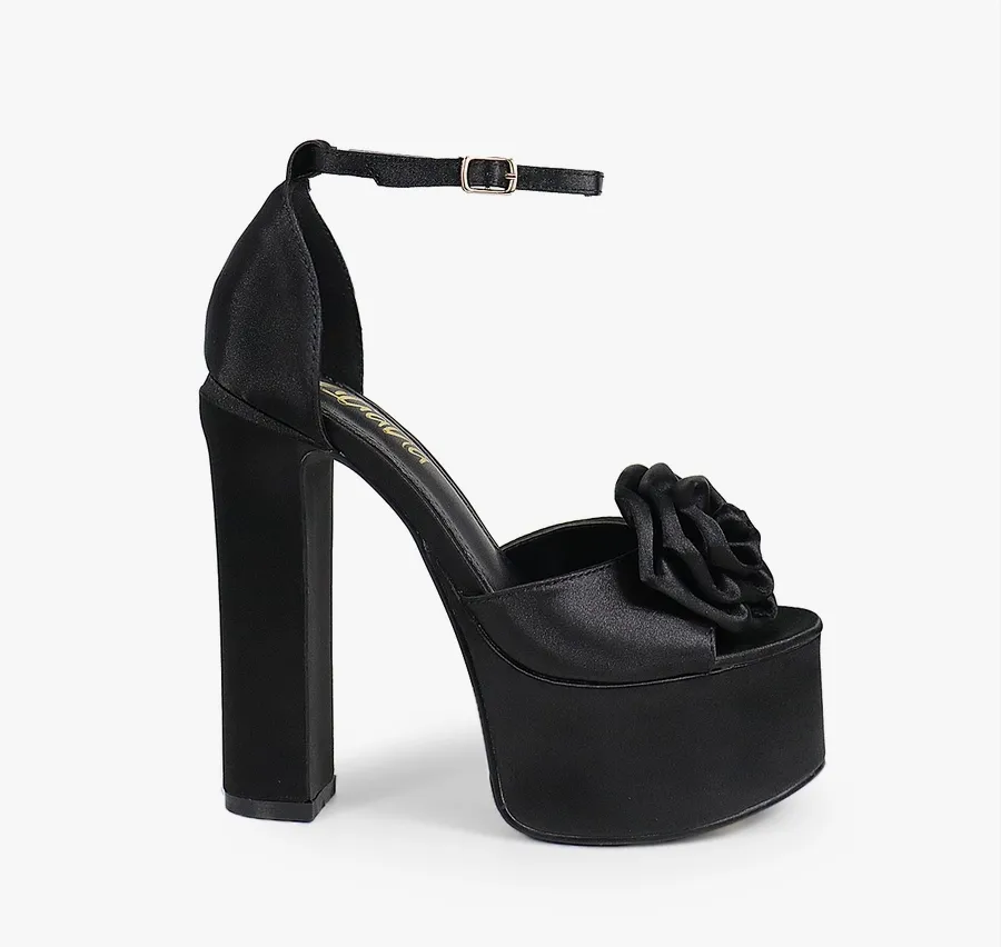 BRIT-2 PEEP TOE PLATFORM CHUNKY HEEL ROSE HEEL - BLACK