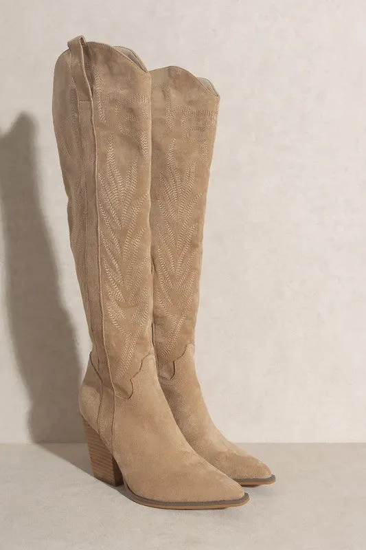 BRONCO-Knee High Embroidered Cowboy Boot