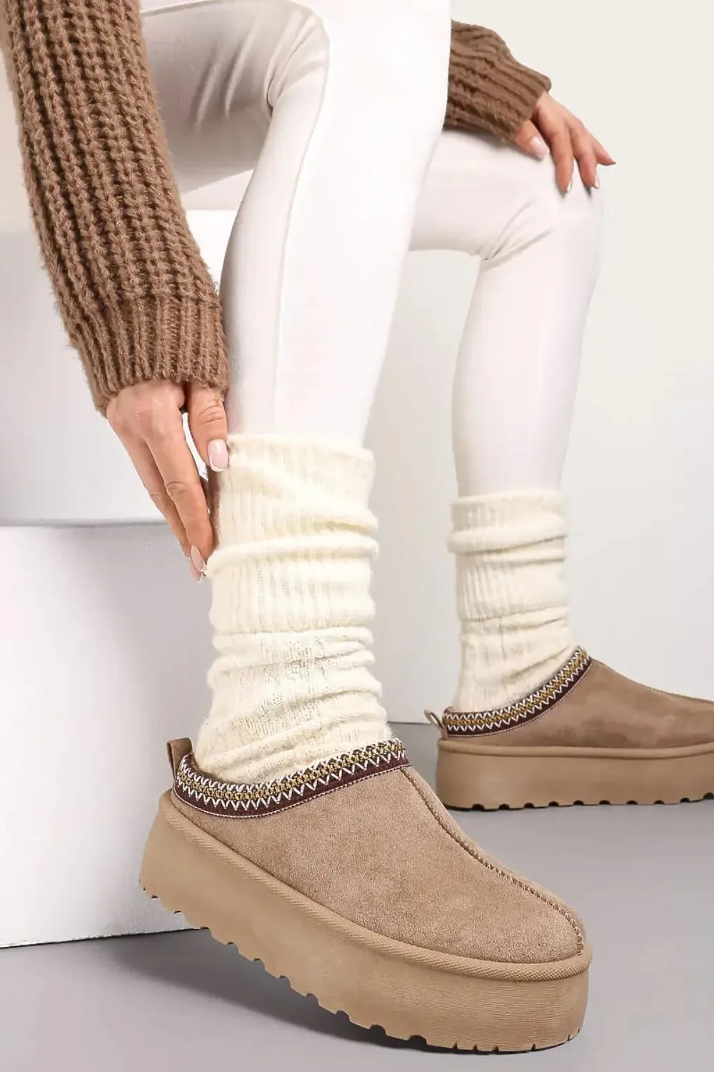 Camel Platform Shoe with Faux Fur Lining