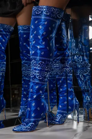 CAPE ROBBIN WOMEN'S SPRING BANDANA STILETTO HIGH HEEL THIGH HIGH BOOTS BLUE