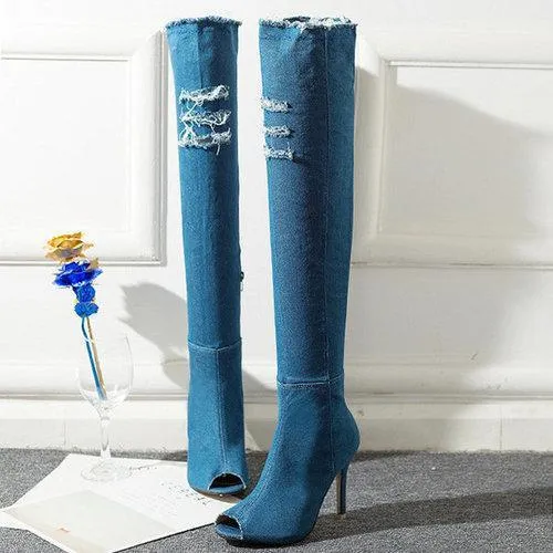 Denim Peep Toe High Heel Thigh High Boots