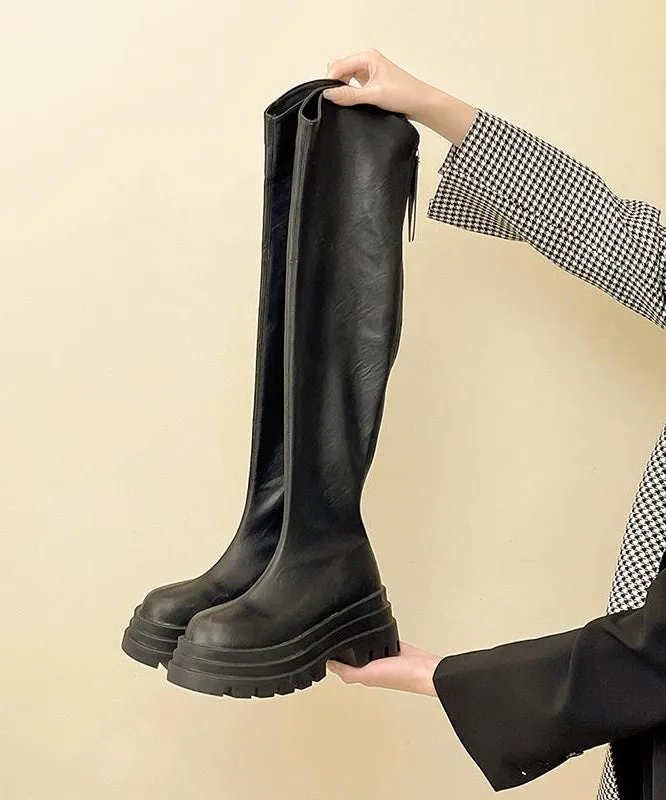 Fashion Zippered Splicing Platform Knee Boots Black ML1691