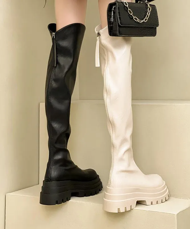 Fashion Zippered Splicing Platform Knee Boots Black ML1691
