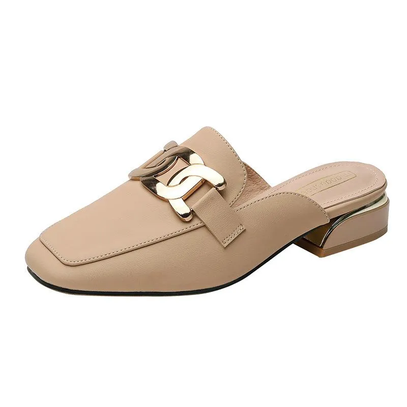 Finn Chain Pointed Toe Mule Mid Heel Toe Box Half Slippers Women's Summer Mules Sandals