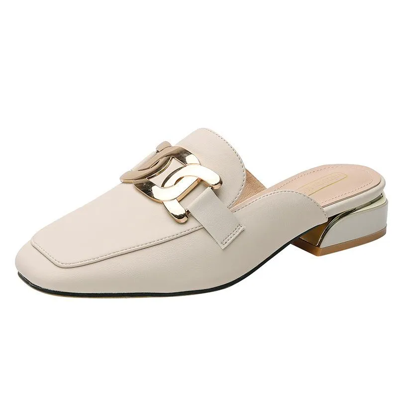 Finn Chain Pointed Toe Mule Mid Heel Toe Box Half Slippers Women's Summer Mules Sandals