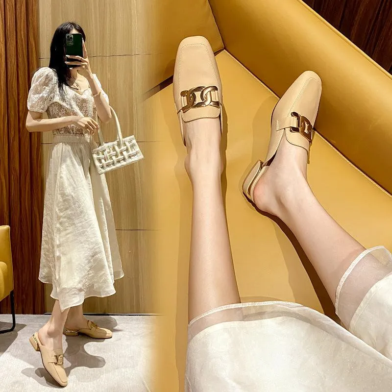 Finn Chain Pointed Toe Mule Mid Heel Toe Box Half Slippers Women's Summer Mules Sandals