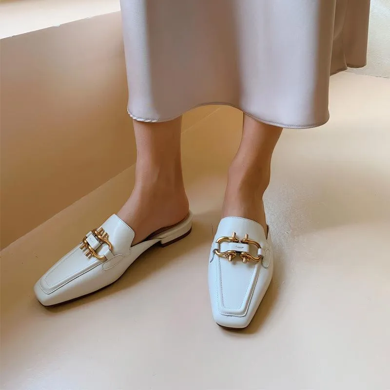 Finn Chain Pointed Toe Mule Slippers Women's Toe Cap Half Slippers Spring Sandals Outer Wear Lazy Slippers Female Square Toe Flat Mules