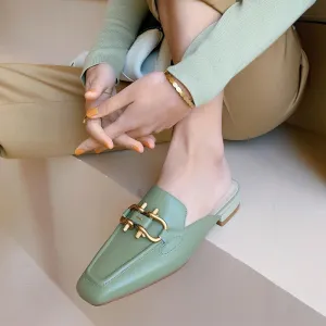 Finn Chain Pointed Toe Mule Slippers Women's Toe Cap Half Slippers Spring Sandals Outer Wear Lazy Slippers Female Square Toe Flat Mules