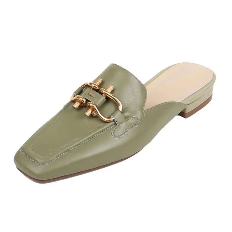 Finn Chain Pointed Toe Mule Slippers Women's Toe Cap Half Slippers Spring Sandals Outer Wear Lazy Slippers Female Square Toe Flat Mules