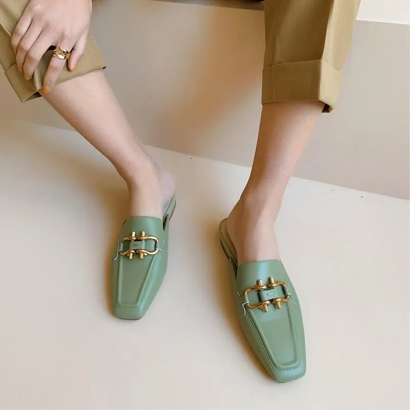 Finn Chain Pointed Toe Mule Slippers Women's Toe Cap Half Slippers Spring Sandals Outer Wear Lazy Slippers Female Square Toe Flat Mules