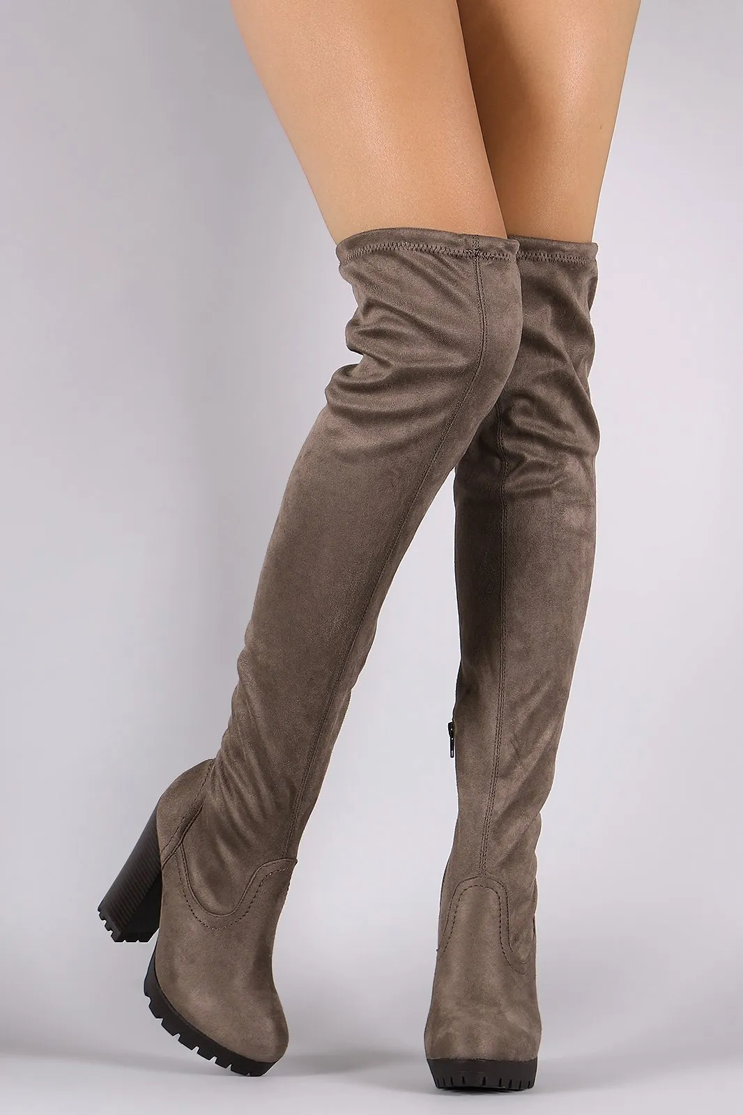 Fitted Suede Over The Knee Lug Sole Platform Boots