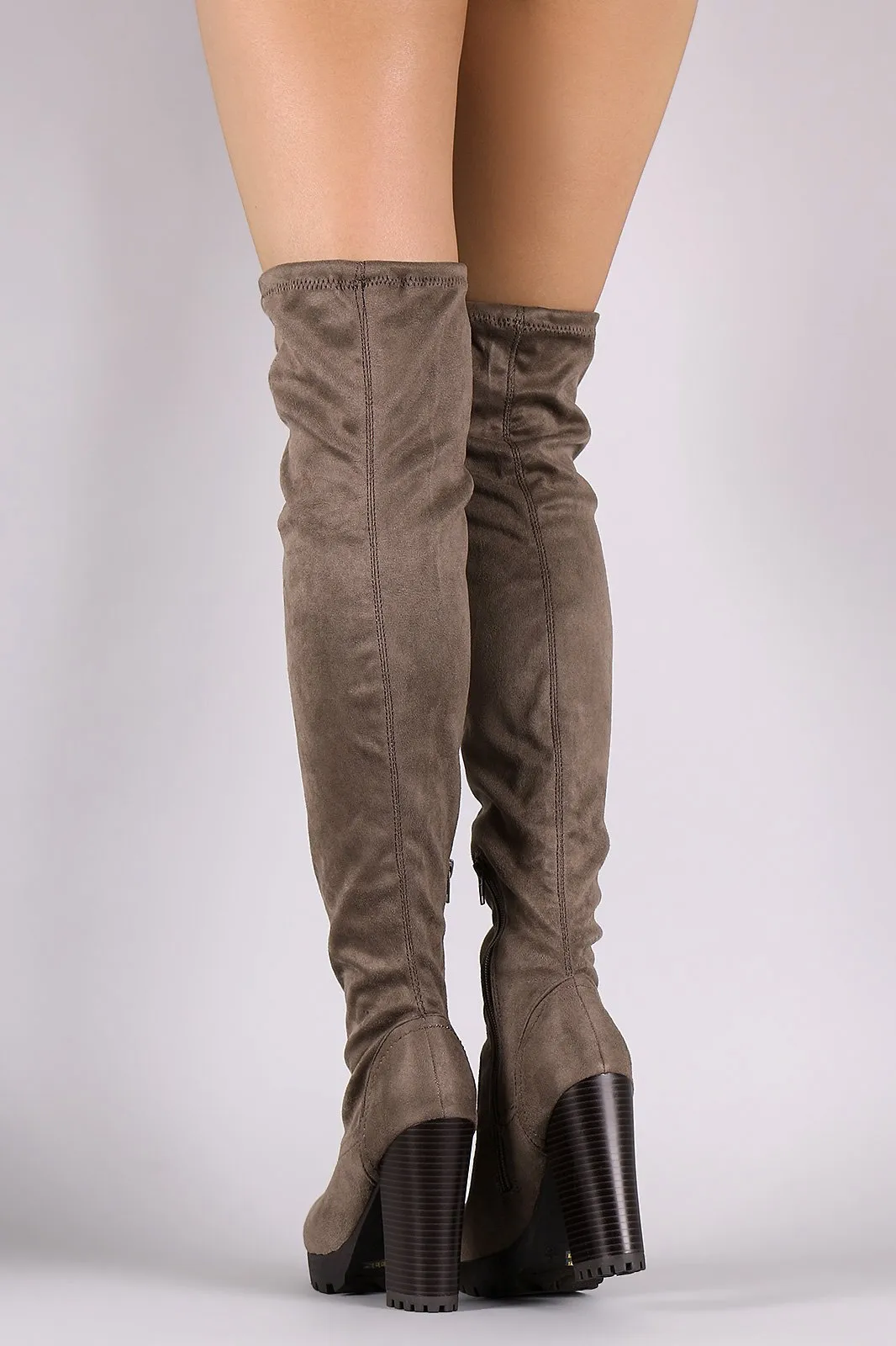 Fitted Suede Over The Knee Lug Sole Platform Boots