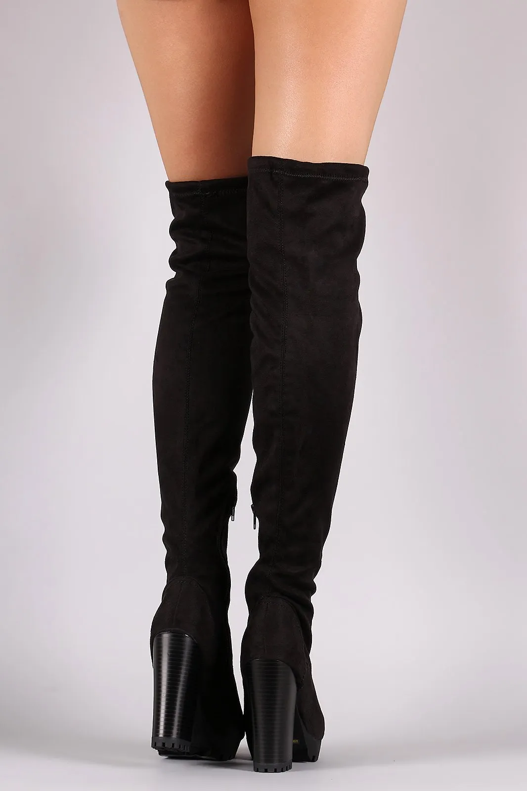 Fitted Suede Over The Knee Lug Sole Platform Boots