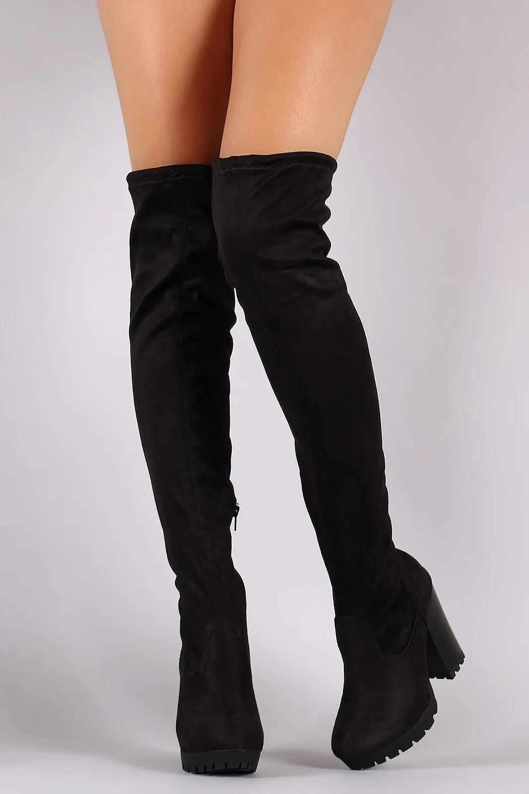 Fitted Suede Over The Knee Lug Sole Platform Boots
