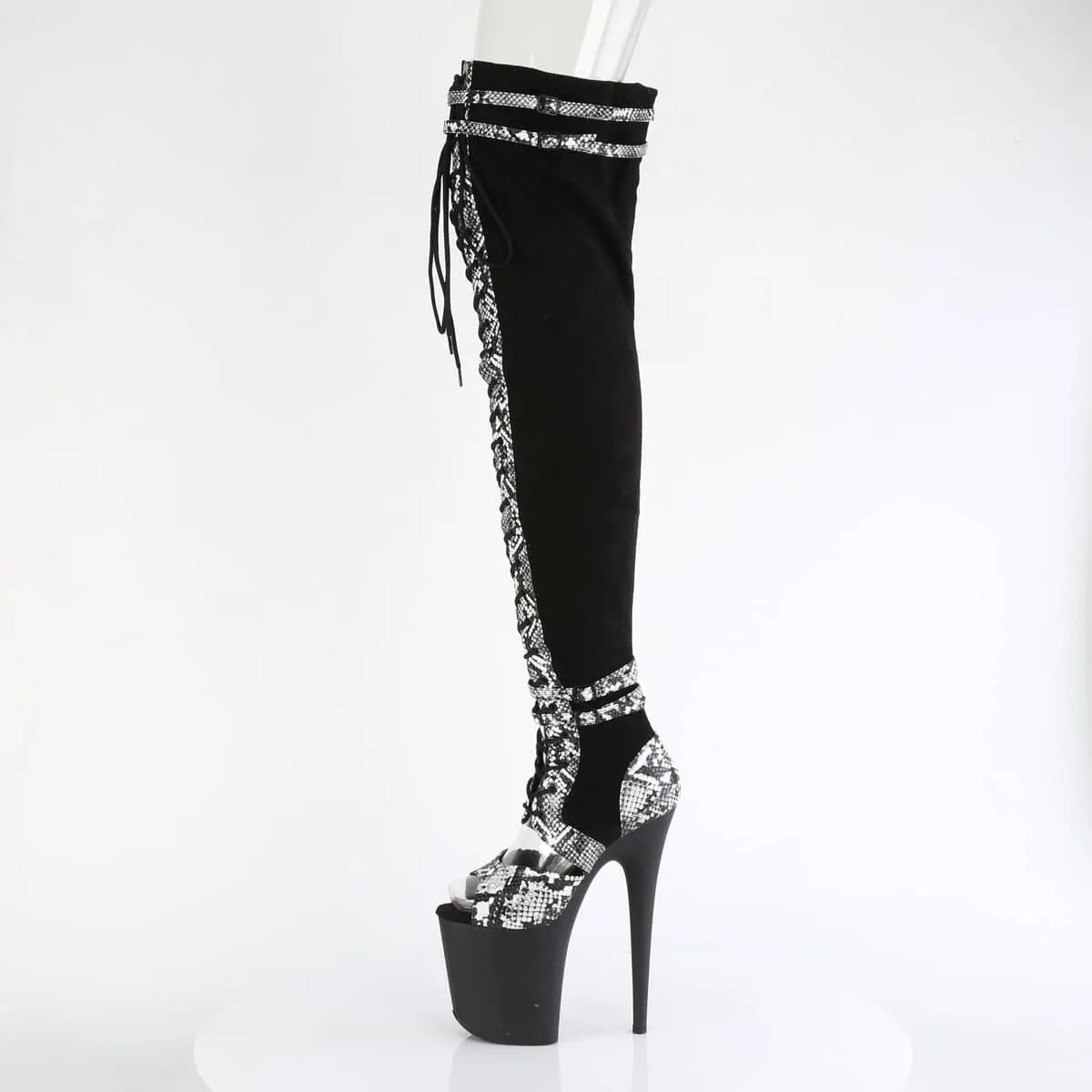 FLAMINGO-3027SP Black Thigh High Peep Toe Boots