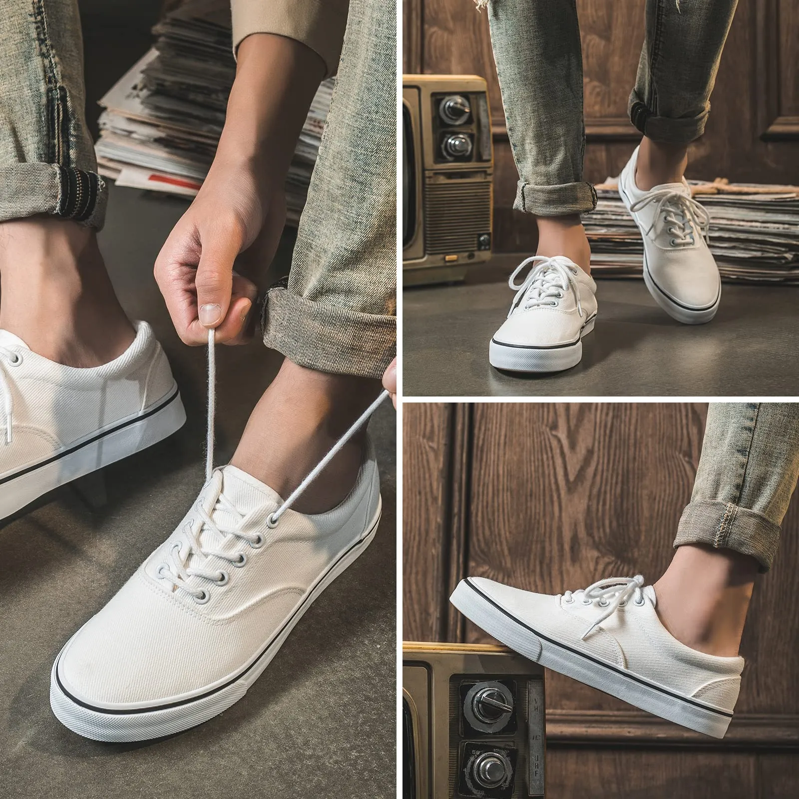 FRACORA Mens White Canvas Shoes Low Top Canvas Sneakers Lace Up Casual Shoes(White, US10)