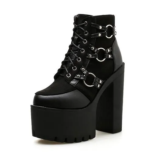 Gdgydh 2020 Spring Fashion Motorcycle Boots Women Platform Heels Casual Shoes Lacing Round Toe Shoes Ladies Autumn Boots Black
